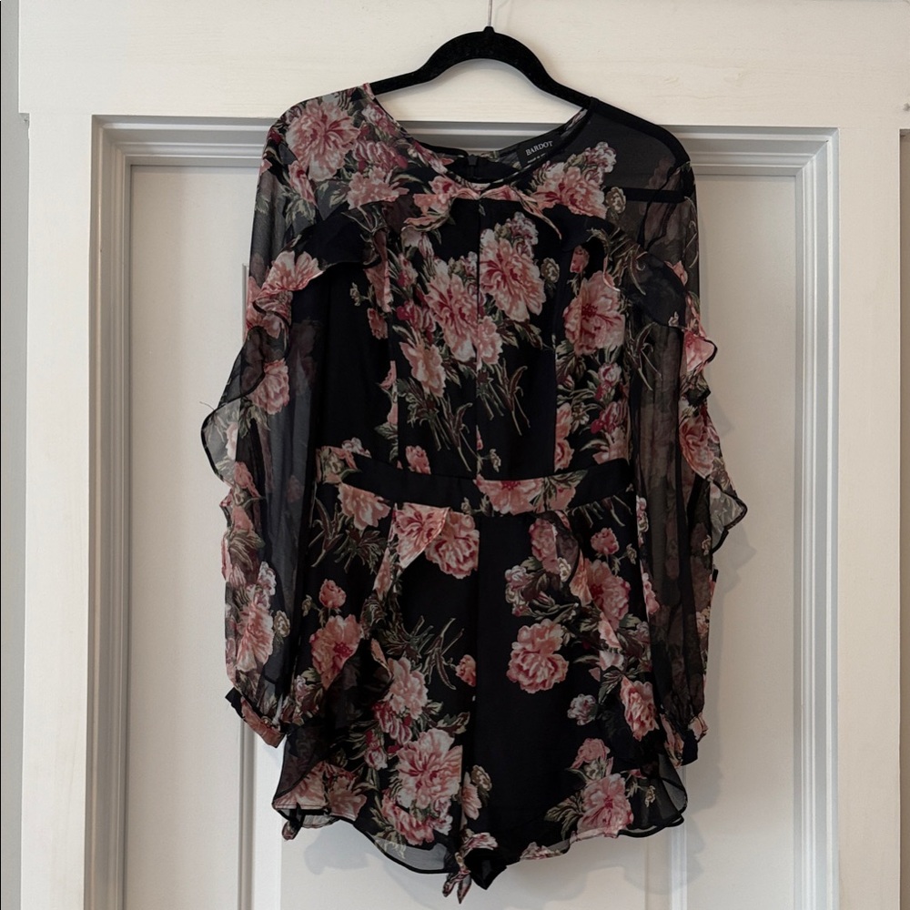 Sheer Black Floral Ruffle Romper